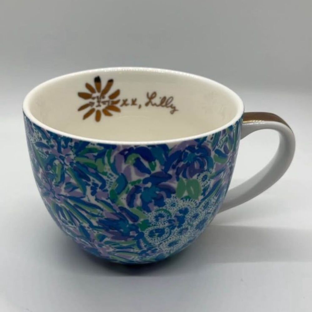 Lilly Pulitzer Blue Floral Coffee Mug with Gold Handle